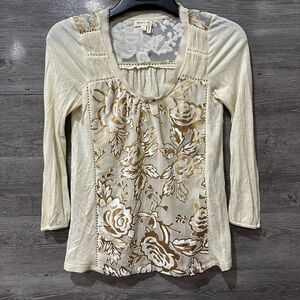 Meadow Rue Anthropologie Womens XS Blouse Beige Floral Long Sleeve